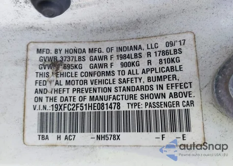 2017 Honda Civic Lx z USA, uszkodzony, nr VIN 19XFC2F51HE081478